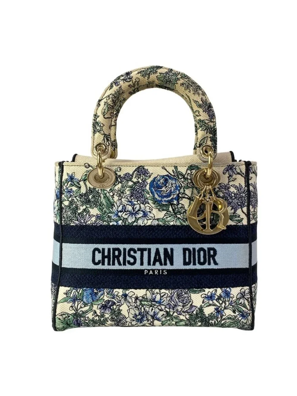 Dior Handbag Lady Delight Medium Bag Ivory Blue Multi Floral Pattern